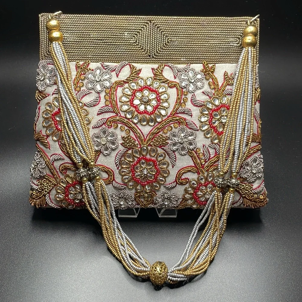 MEERA MAHADEVIA~EVENING BAG~EMBROIDERED/BEADED BY HAND ON PALE PEWTER SILK - Picture 2 of 3